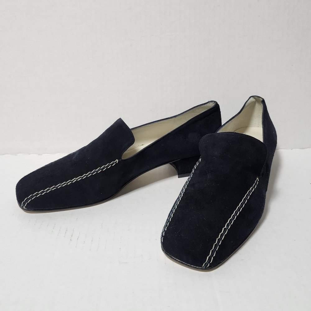 Vintage Laura Ashley Leather Blue Suede Loafers Heels Shoes 37 7 - Picture 3 of 8